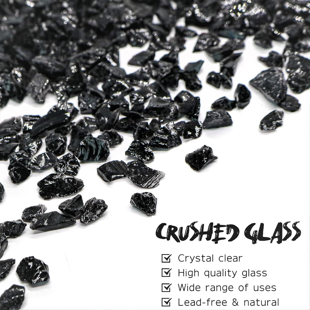Crushed Glass for Resin Art - 3-6mm Black, 1.5lb | Broken Glass Pieces for Crafts, Vase Filler & Fire Pit Media
