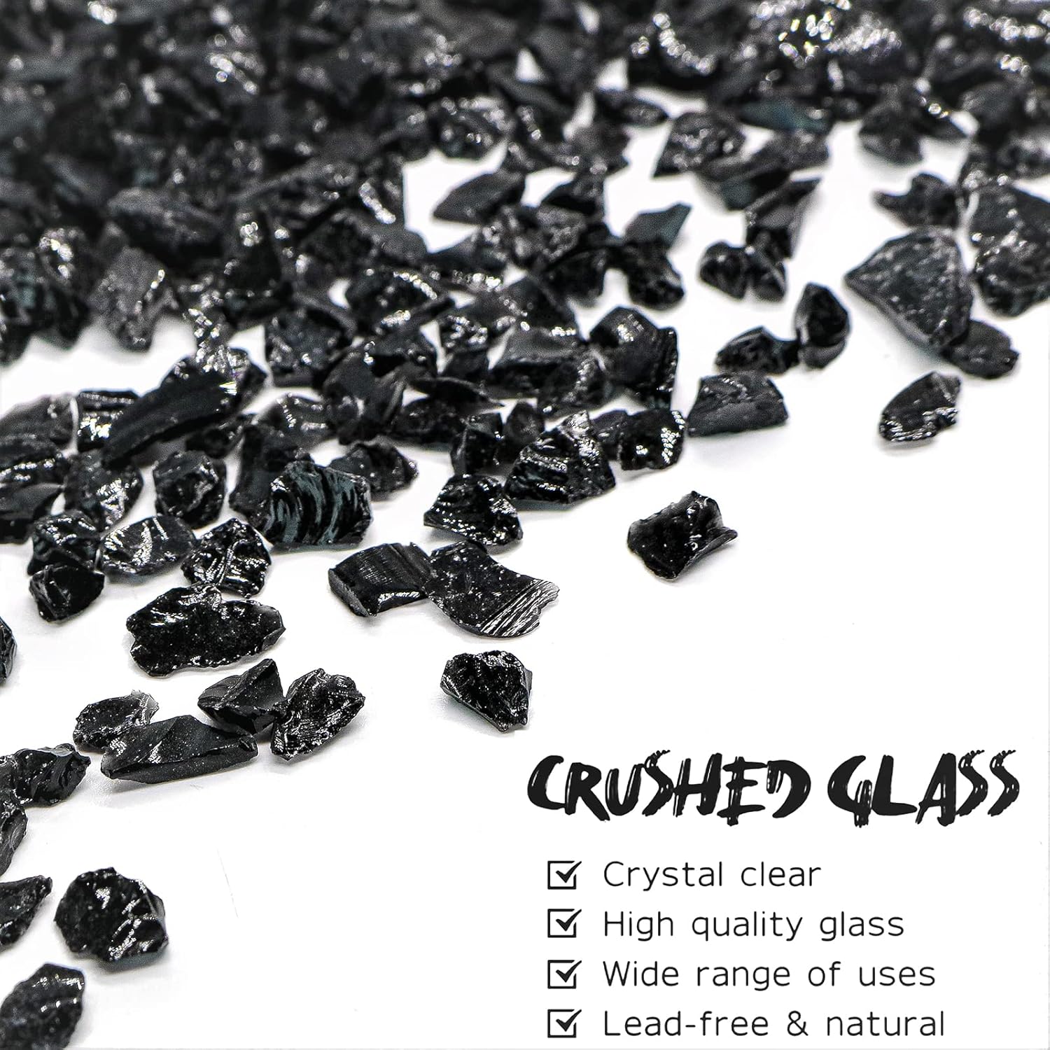 Crushed Glass for Resin Art - 3-6mm Black, 1.5lb | Broken Glass Pieces for Crafts, Vase Filler & Fire Pit Media