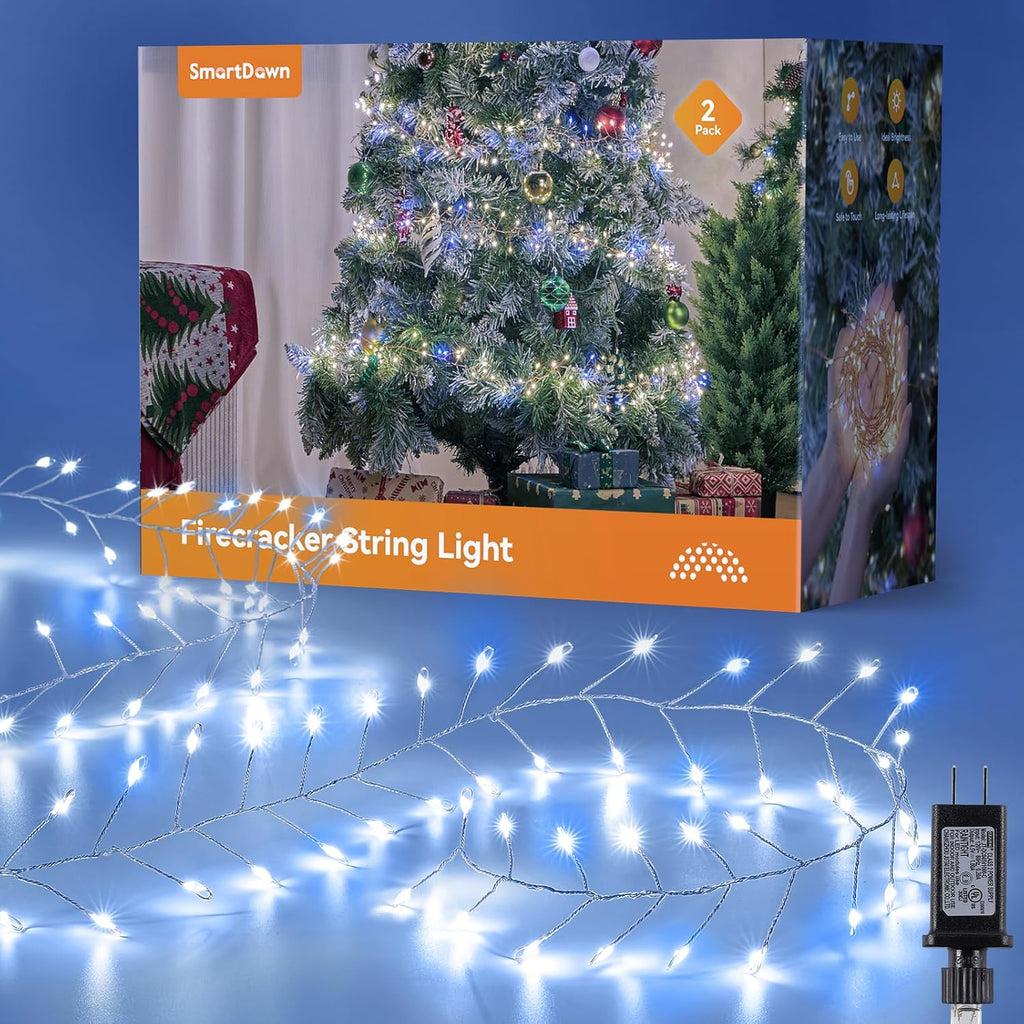Fairy Lights Plug in, 10ft 200LED Cluster String Lights - Twinkle Copper Wire Christmas Tree Lights Waterproof for Bedroom Decor, Indoor/Outdoor Party, Patio, Garden，Blue White，2pack
