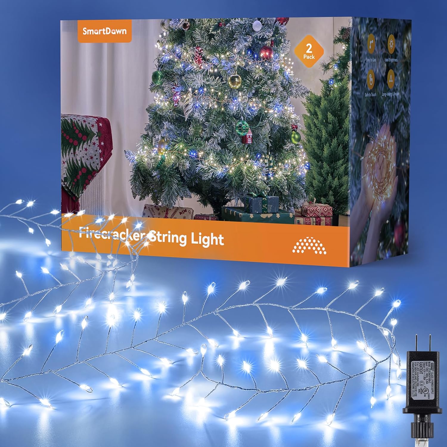 Fairy Lights Plug in, 10ft 200LED Cluster String Lights - Twinkle Copper Wire Christmas Tree Lights Waterproof for Bedroom Decor, Indoor/Outdoor Party, Patio, Garden，Blue White，2pack