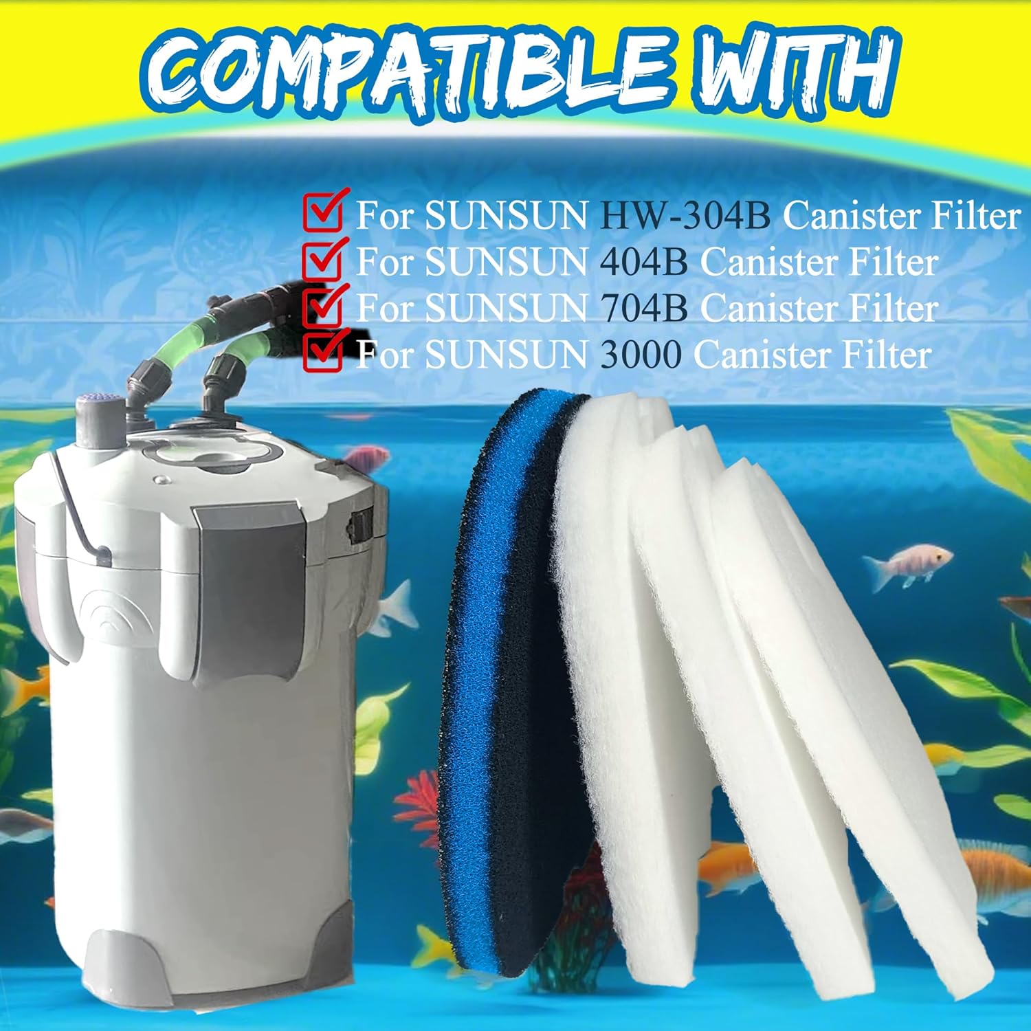 Replacement Canister Filter Pads Compatible with SUNSUN HW-304B/404B/704B/3000 CF500 Aquarium Filter, 6 White Floss and 2 Upgraded Coarse Pads, 8pcs