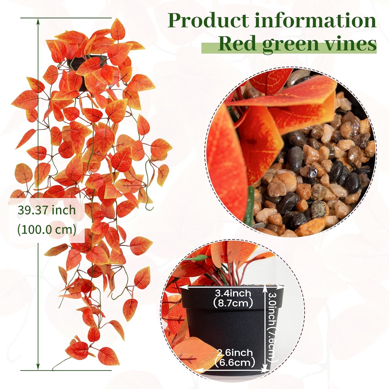 LOYWREE Small Artificial Plants Hanging Potted Fall Foliage - Orange Faux Ivy Vine & Pothos for Shelves. Ideal for Home, Office, Indoor & Outdoor Gardens (Black Pot)