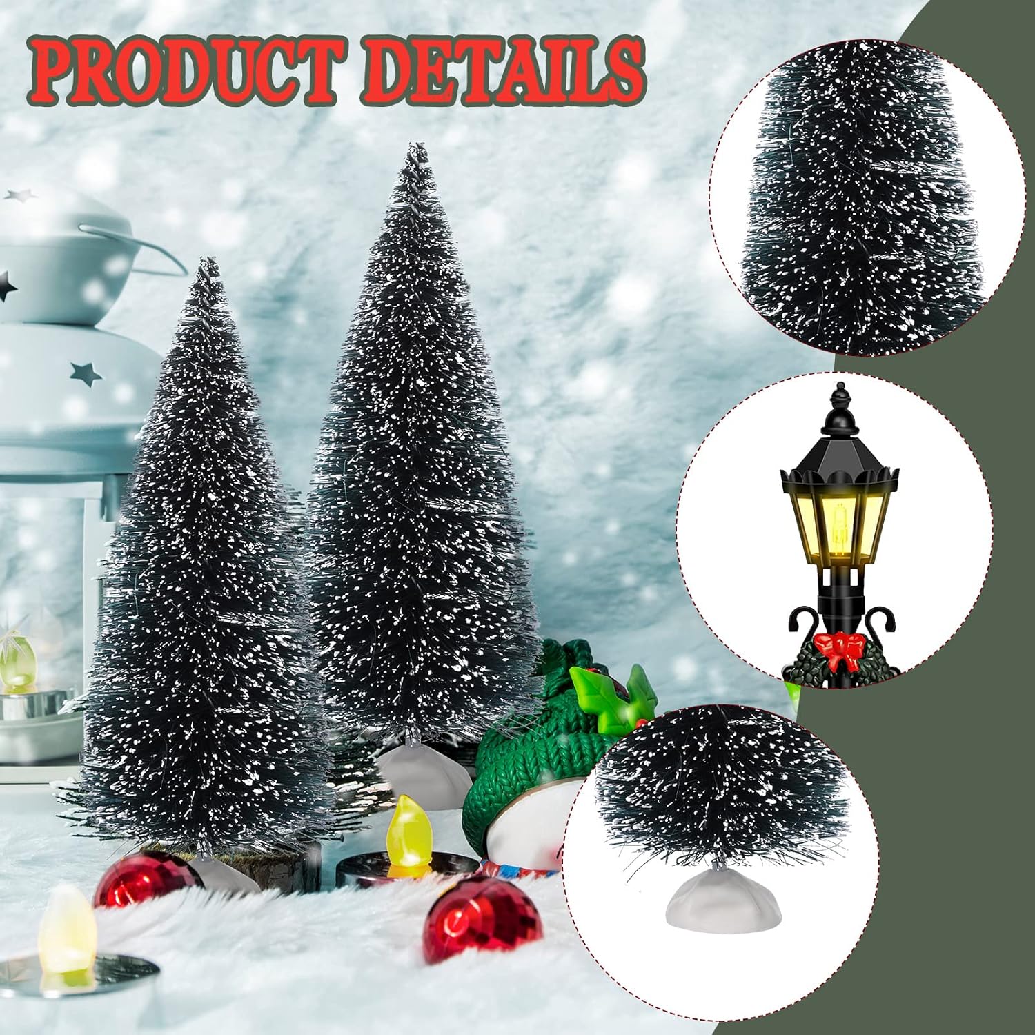 Couome Christmas Village Decor Set, 12 Pieces Including Mini Trees and Street Lamps, Ideal for Displays