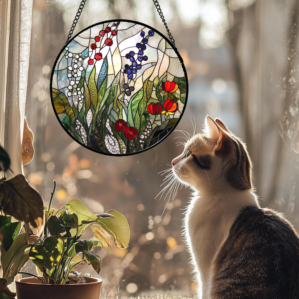 Stained Glass Window Hanging Red Purple Flowers Berry Green Plants 7.8" - Suncatcher Door Garden Sun Catcher Home Decor Birthday Christmas for Mom Men Woman Friend