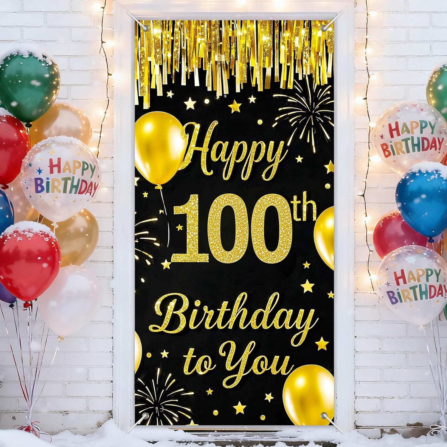IVN 100th Birthday Door Cover 71x35 Inch Black Gold Birthday Banner for Party Decorations Balloons Stars Fireworks Backdrop Sign for Men Women Photo Booth Prop Wall Decor