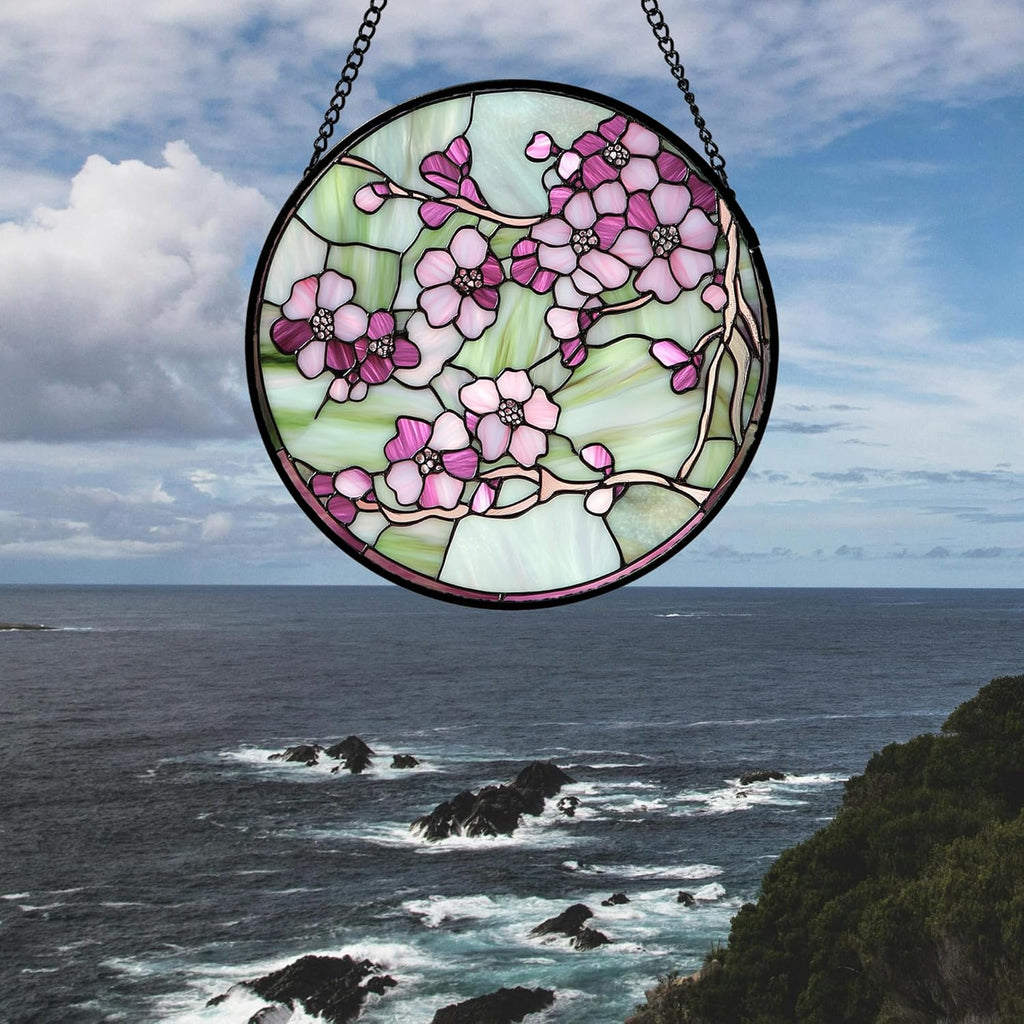 Stained Glass Window Hanging 4 Pcs Set Tulips Plum Flower Daffodils Hyacinths 7.8" - Suncatcher Door Garden Sun Catcher Decor Birthday Mother's Day for Mom Woman Nana