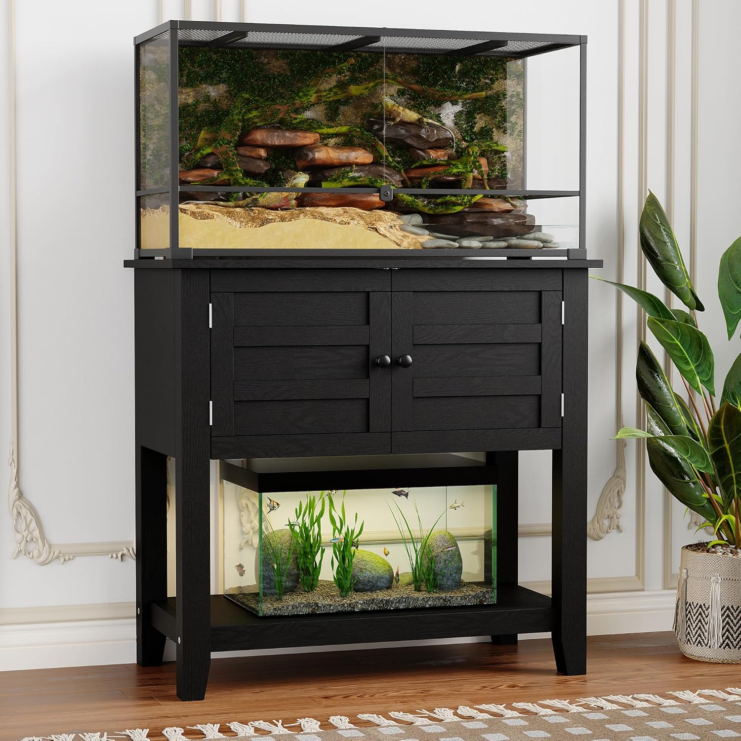 Garvee 20-29 Gallon Aquarium Stand with Charging Station, 660LBS Heavy Duty Fish Tank Stand with Doors & Open Storage for Reptile Turtle Tank