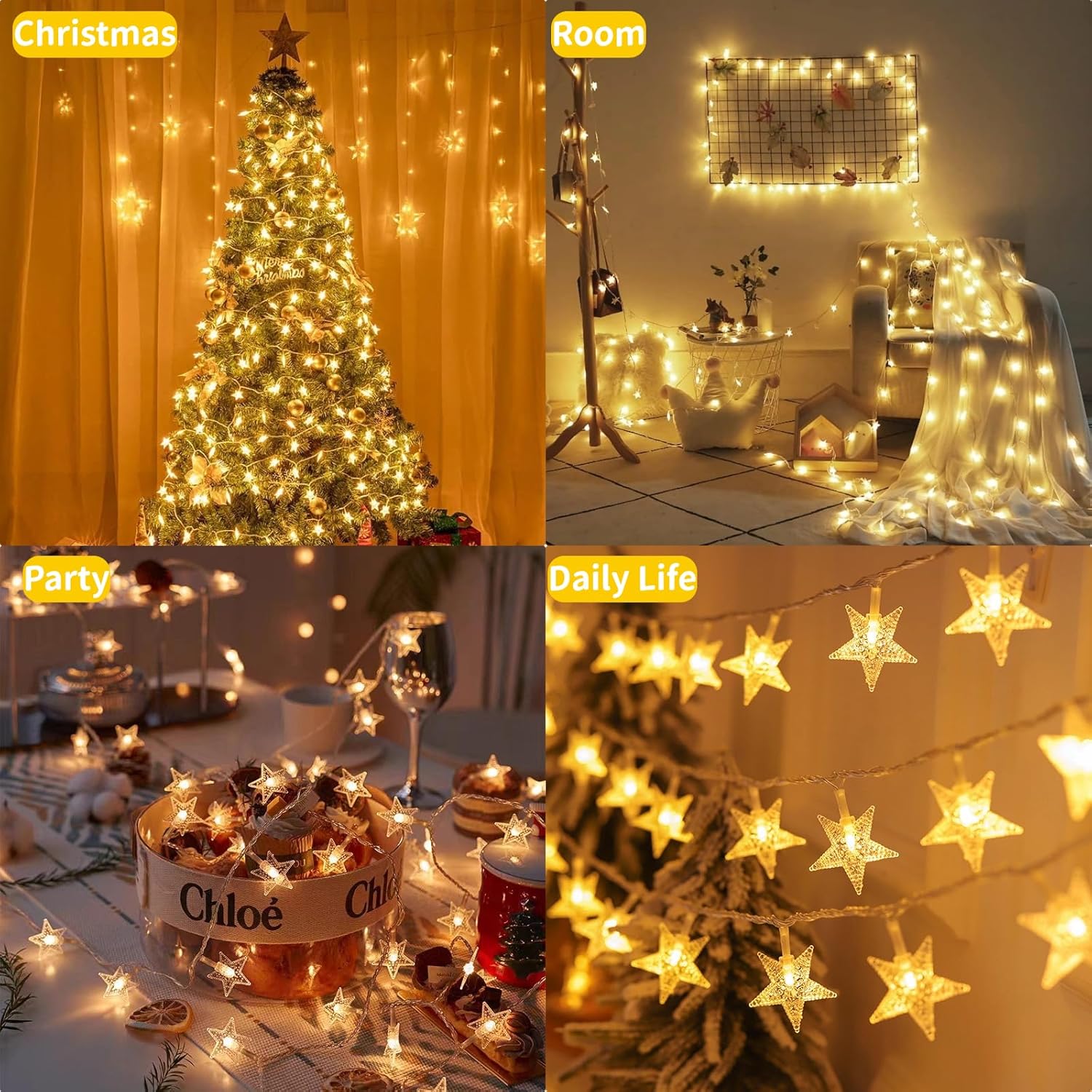 Star String Lights Battery Operated, 17 ft 50 LEDs, Christmas Fairy Lights, String Lights Battery Powered for Kids Bedroom Wedding Mantel Patio Dorm Decor, Warm White
