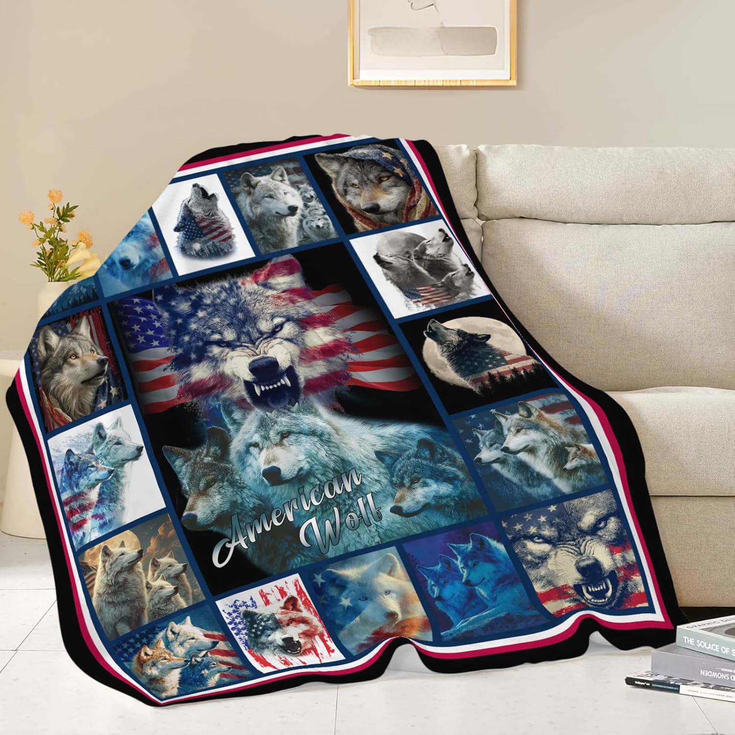 Wolf Throw Blanket American Flag Wolf Stuff Gifts for Kids Girls Boys Adults Women Men Soft Cozy Warm Plush Fluffy Fuzzy Fleece Blanket Decor 60''X80''