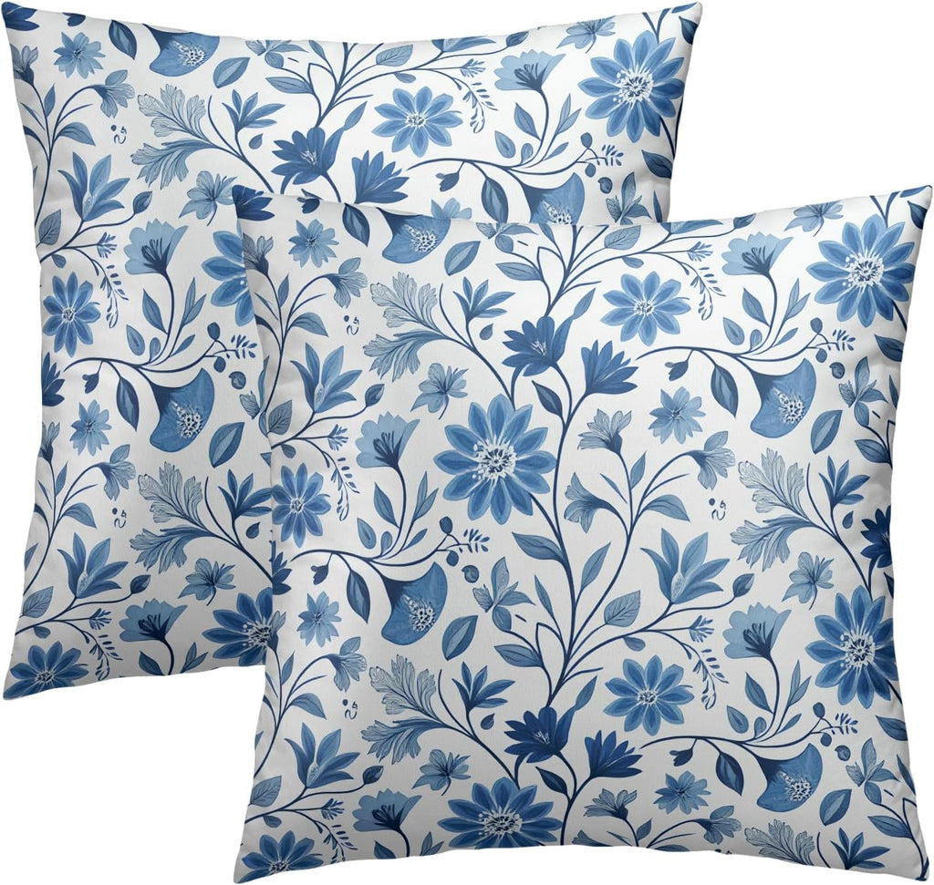 Boho Chic Blue Floral Throw Pillow Covers Set of 2 Ultra-Soft All-Season Pillow Shams with Hidden Zipper,Durable for Sofa Bed Car Decor & Gift Luxury 18x18IN