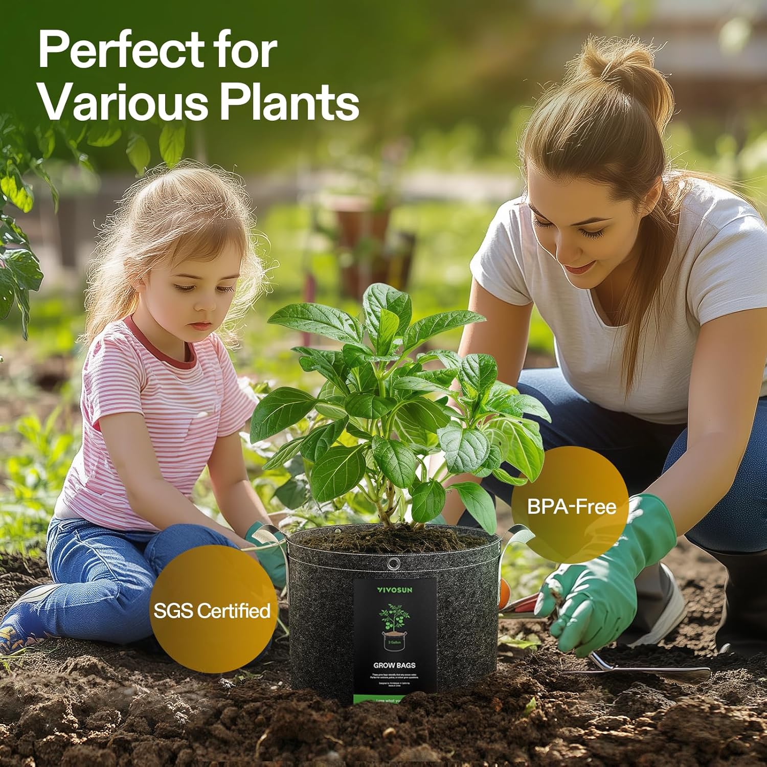VIVOSUN 5-Pack 5 Gallon Grow Bags, 500G Thick Nonwoven Fabric Pots with Strap Handles, Multi-Purpose Rings, for Low Stress Plant Training Fruits, Vegetables, and Flowers