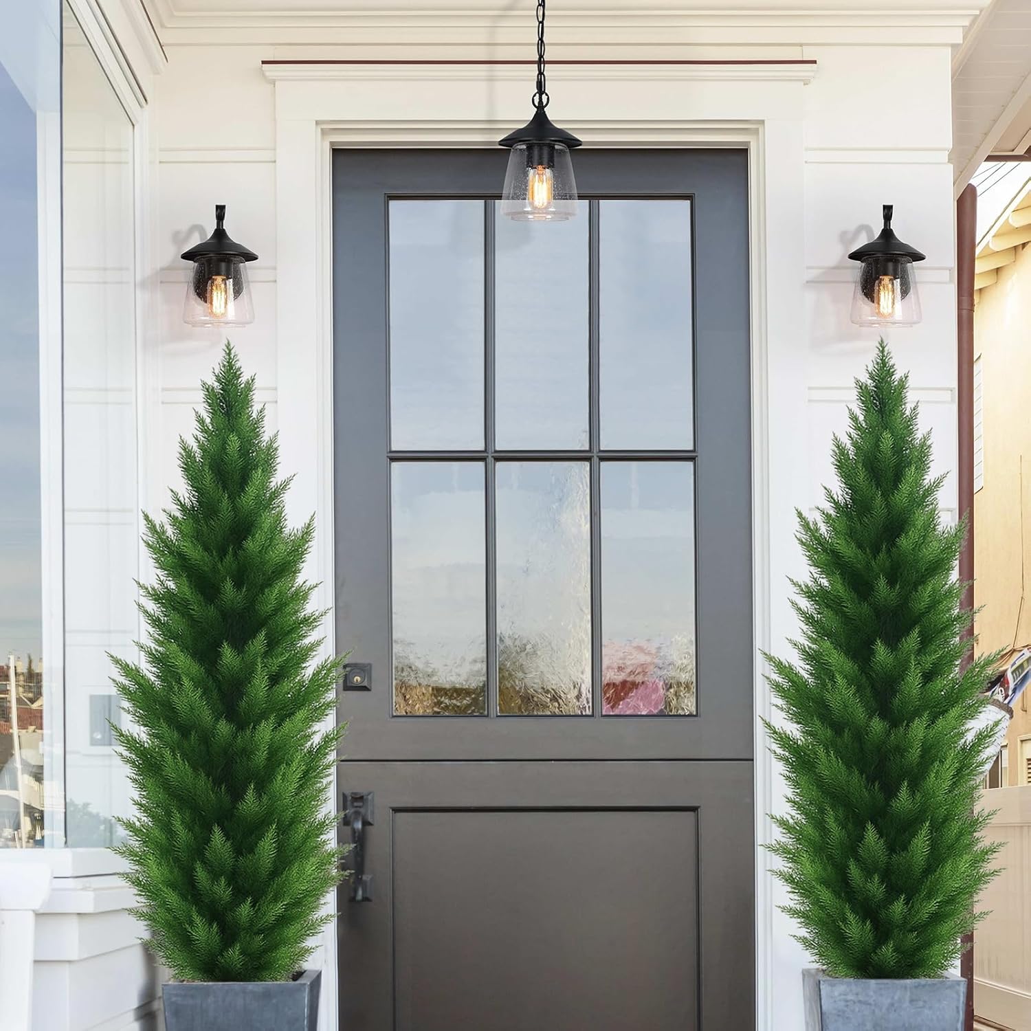 Artificial Topiary Cedar Trees 6FT Tall 2 Set, Outdoor Indoor Faux Pine Shrubs Plants, Realistic Fake Plants Arborvitae Tree Front Porch Decor, Artificial Cedar Tree for Home Front Door Offices