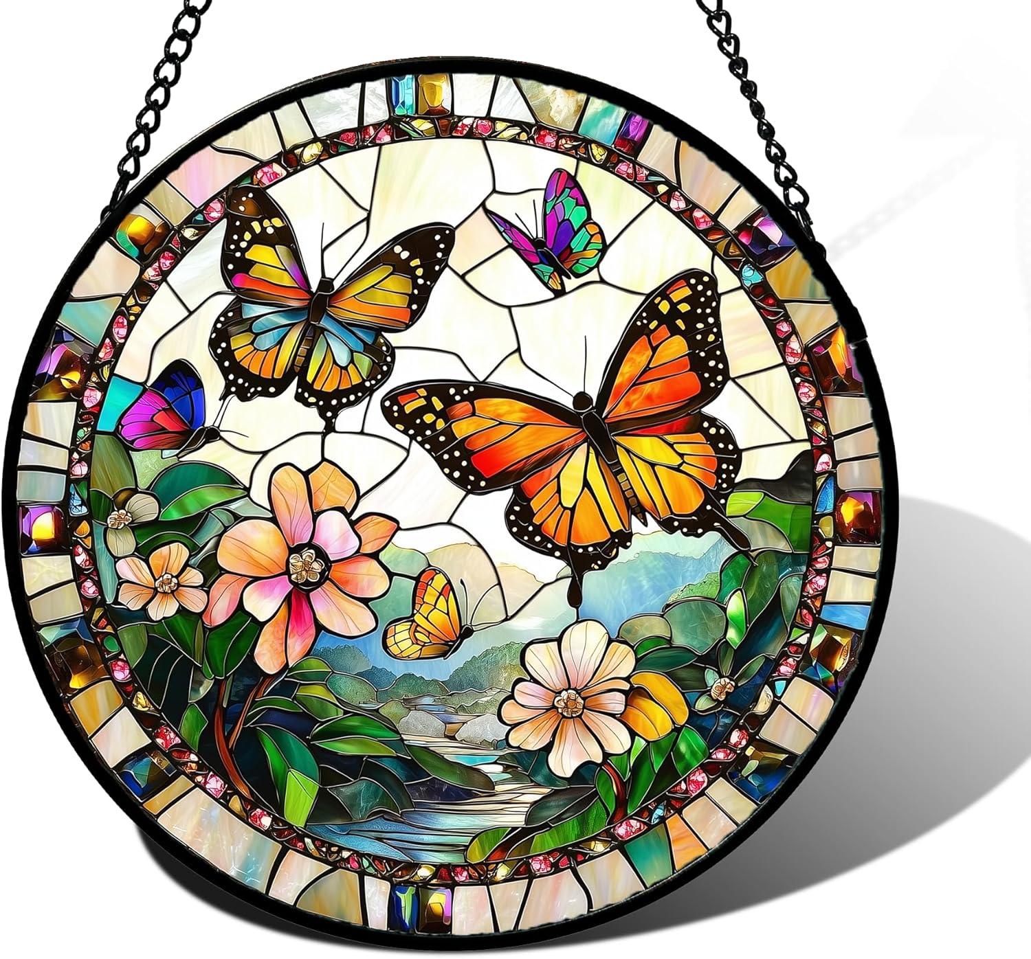 Stained Glass Window Hanging, Butterflies Flying in The Sky Suncatcher for Doors Home Sun Catchers Decoration and Christmas, Mother's Day Birthday Gifts for Women, Men, and Mom 6.3 in