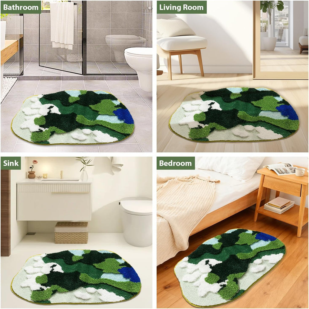 Aesthetic 3D Moss Rug, Super Absorbent Non-Slip Microfiber Grass Mat for Playroom, Irregular Shaped Green Carpet for Forest Bath Mat, Circle Cute Tufted Area Rug Trendy Rugs for Bedroom 31x20 in