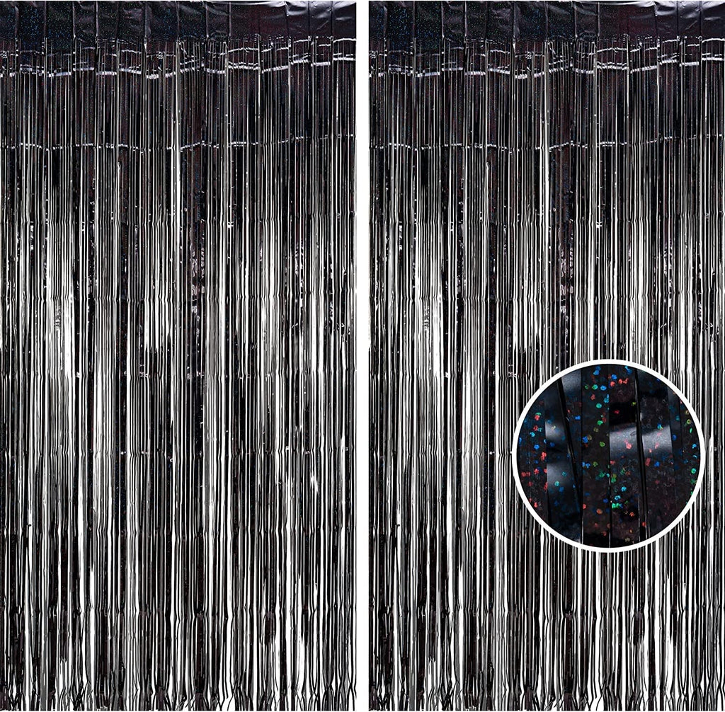 BRAVESHINE Black Party Foil Fringe Curtains - 2 Pack Metallic Tinsel Photo Booth Streamers Backdrop for New Years, Boy, Men, Birthdays, Stranger Theme, Music, Prom, Christmas Party Decorations