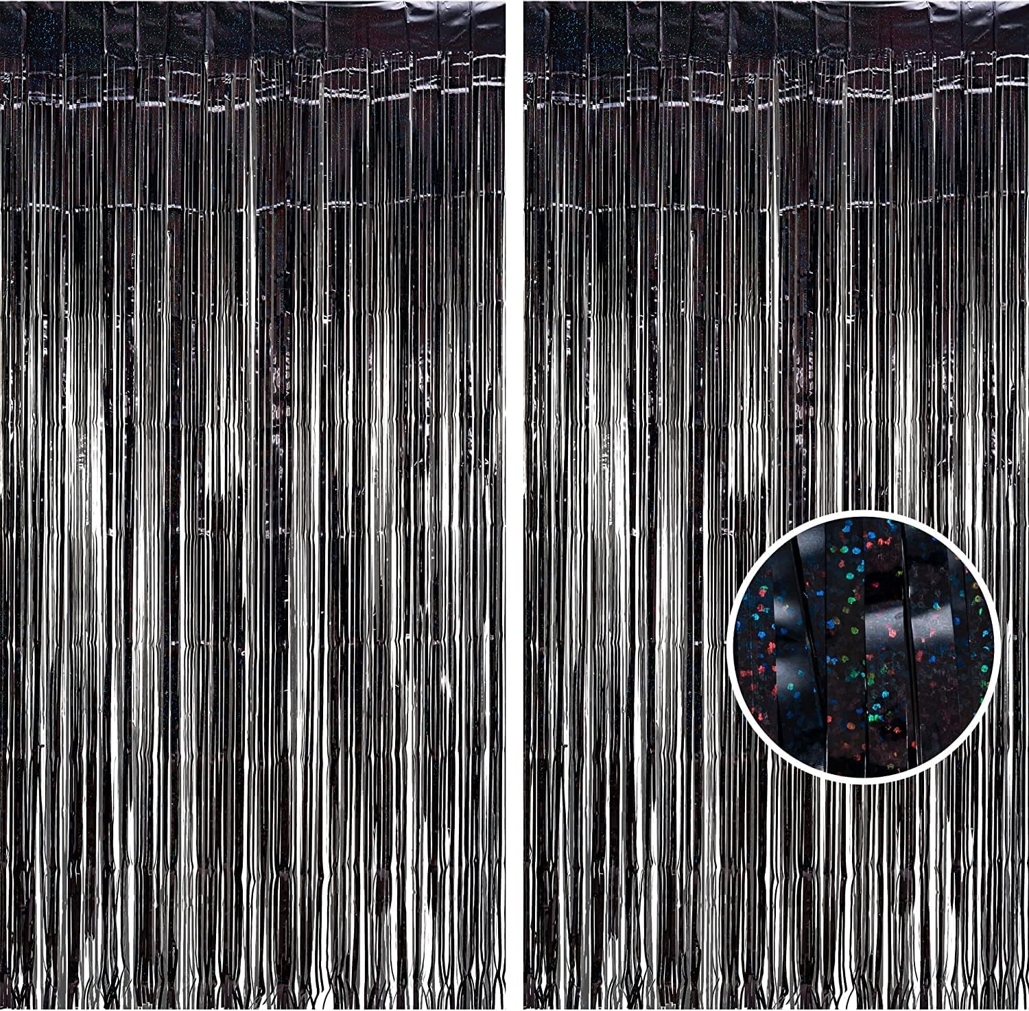 BRAVESHINE Black Party Foil Fringe Curtains - 2 Pack Metallic Tinsel Photo Booth Streamers Backdrop for New Years, Boy, Men, Birthdays, Stranger Theme, Music, Prom, Christmas Party Decorations