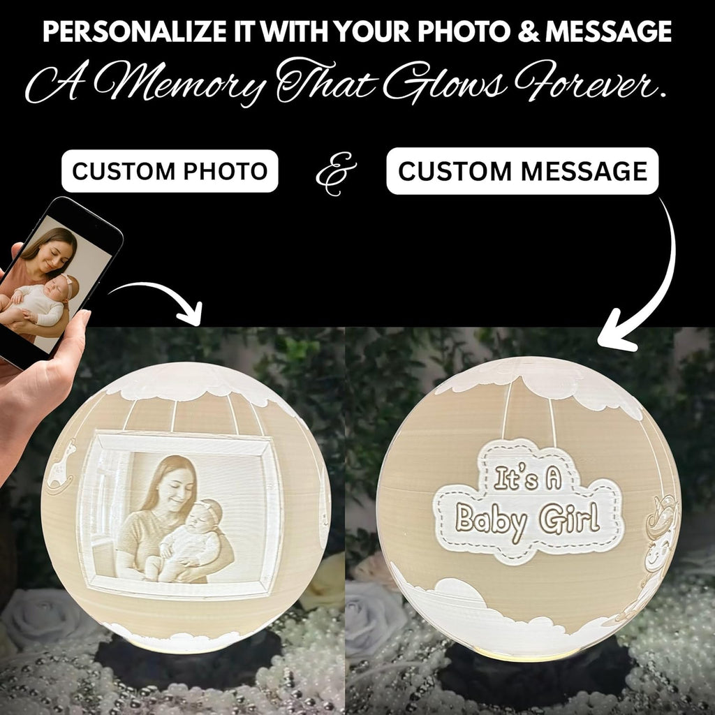 Baby Girl Moon Lamp – Personalized “It’s a Girl” Custom Moon Light with Text & Photo | Newborn Nursery Night Light | Custom Baby Shower, Birth Announcement Gift Keepsake, Baby Girl Decor