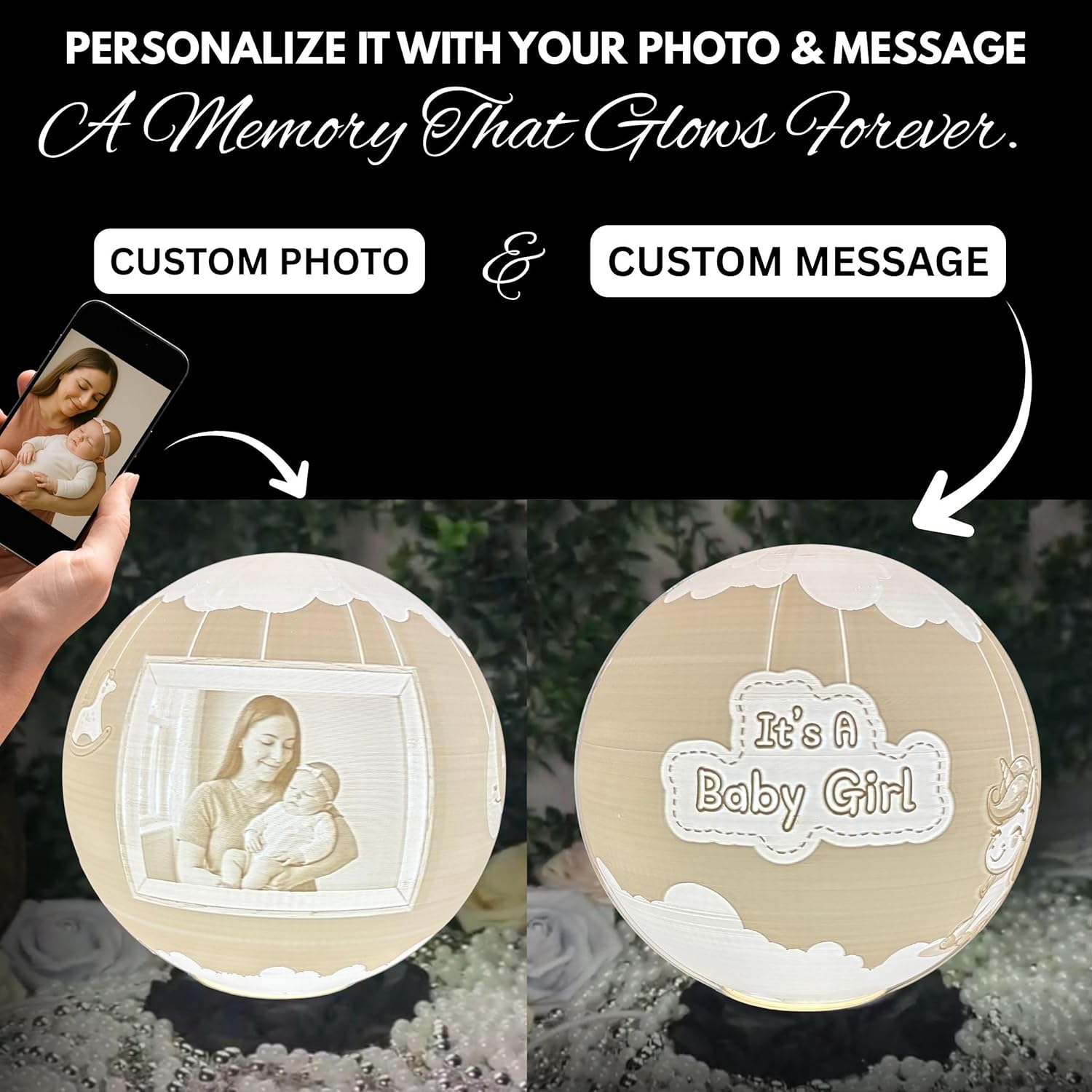 Baby Girl Moon Lamp – Personalized “It’s a Girl” Custom Moon Light with Text & Photo | Newborn Nursery Night Light | Custom Baby Shower, Birth Announcement Gift Keepsake, Baby Girl Decor