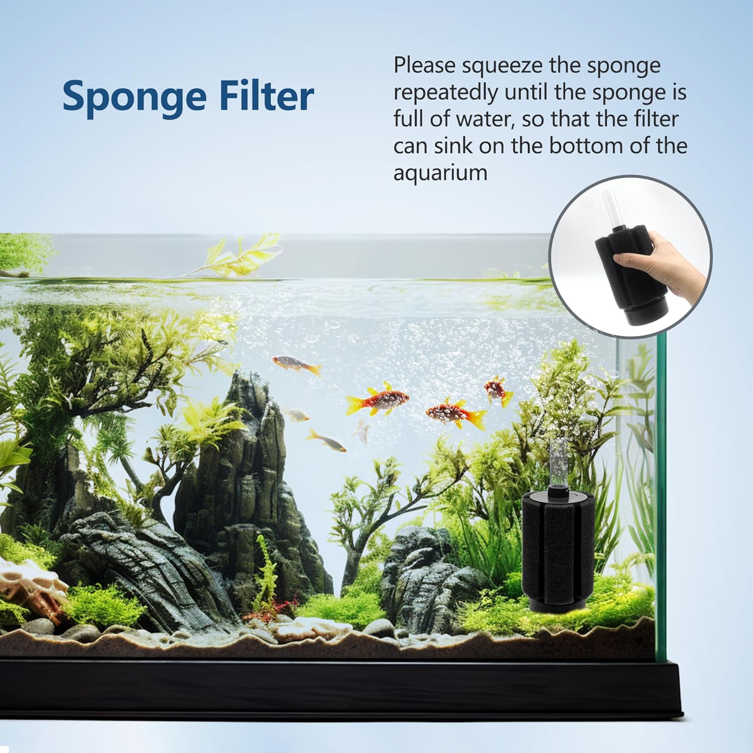2 Pcs Aquarium Sponge Filter with Ceramic Media and Bubble Diffuser, Quiet Fish Tank Sponge Filter 50-80 Gal for Breeding Fry Betta Shrimp Fish Tank
