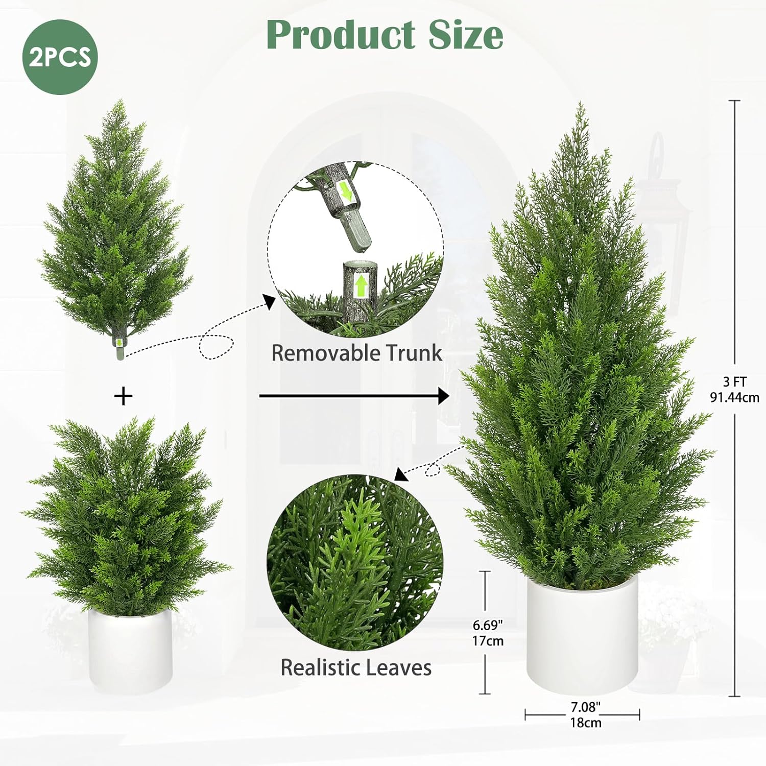 Briful 2PCS 3ft Artificial Cedar Topiary Trees in White Planter – Compact Faux Evergreen Potted Plants with Dense Realistic Layered Leaves, Lifelike Fake Trees for Home, Office, Patio, Porch