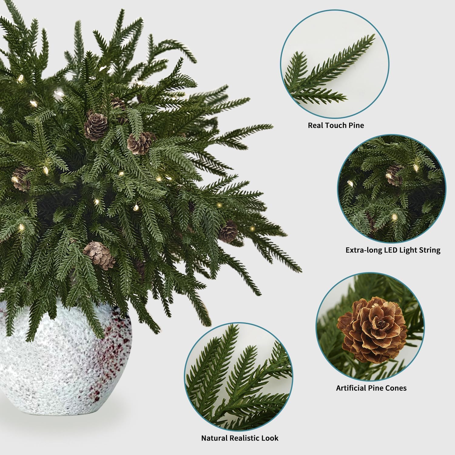 12PCS Christmas Norfolk Pine Branches with Warm Lights ，20" Artificial Christmas Branches Pinecones Norfolk Pine Stems for DIY Crafts Garlands Wreaths Holiday Home Centerpiece Xmas Decor