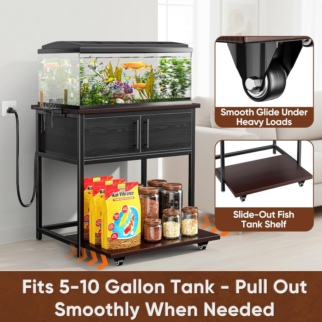 20-29 Gallon Fish Tank Stand with Power Outlet and Storage Cabinet,Aquarium Stand with Slide-Out Fish Tank Shelf,Heavy Duty Metal Frame and Waterproof Wood,31.5" L x 15.7" W 770LBS Capacity
