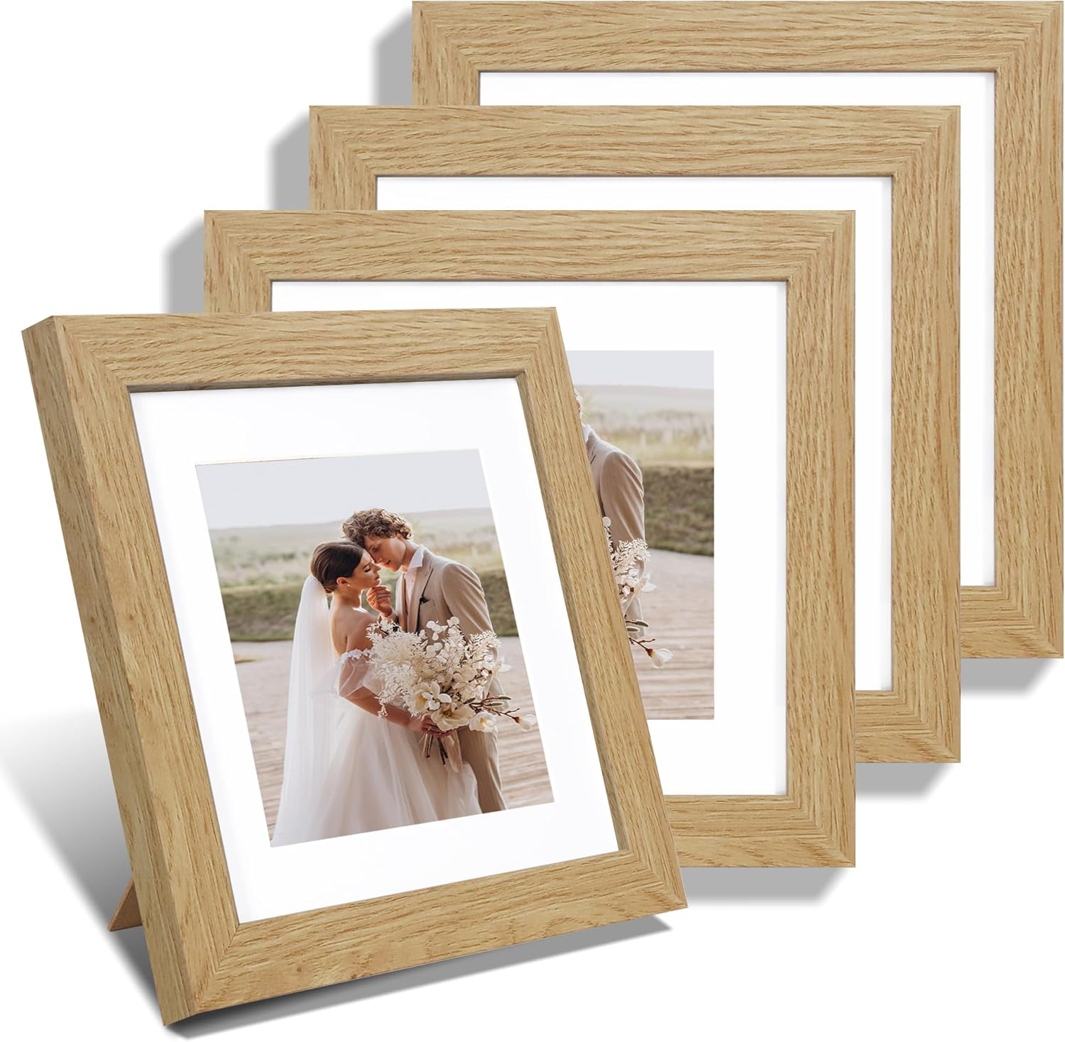 8x8 Picture Frames Set of 4, Made of Glass and Natural Oak Wooden Frame - Display Picture 6x6 with Mat or 8 x 8 Without Mat, 8 by 8 Photo for Wall or Tabletop