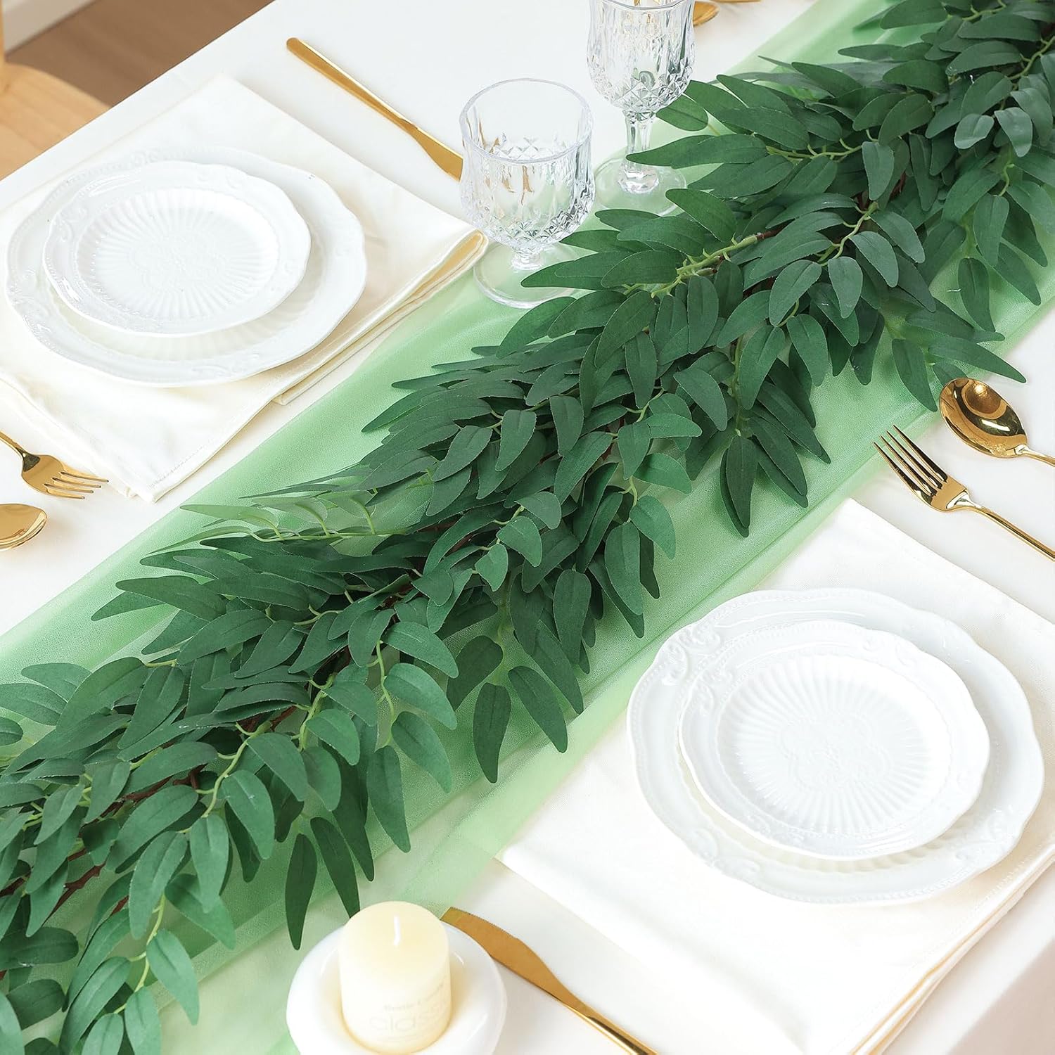Mizii 2 Strands Artificial Vines Willows Garland 78" Fake Vine Italian Ruscus Silk Green Leaves Faux Hanging Plants Greenery Decoration for Table Centerpieces Home Room Party Wedding Decor (Willows)