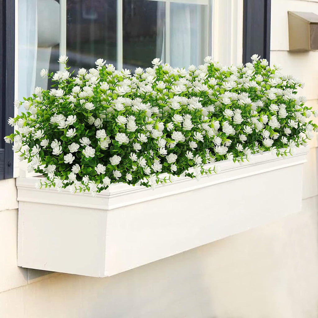 GREENRAIN Artificial Flowers Outdoor Fake Flowers for Decoration UV Resistant No Fade Faux Plastic Plants Garden Porch Window Box Décor (18 Bundles, 4#White)