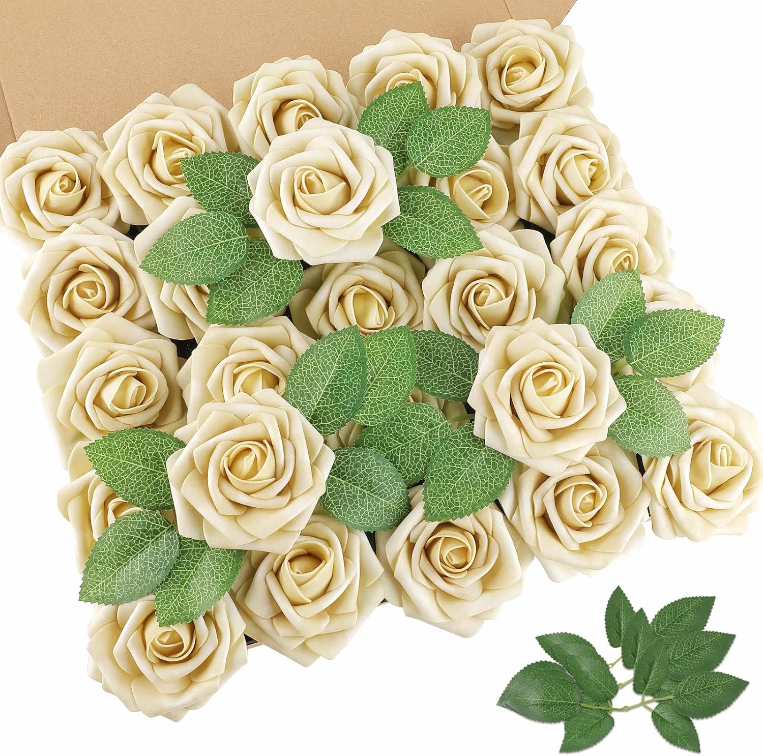 AmyHomie 25pcs Real Looking Artificial Beige Roses w/Stem for DIY Wedding Bouquets Centerpieces Arrangements Party Baby Shower Valentines Day Christmas Tree Decorations
