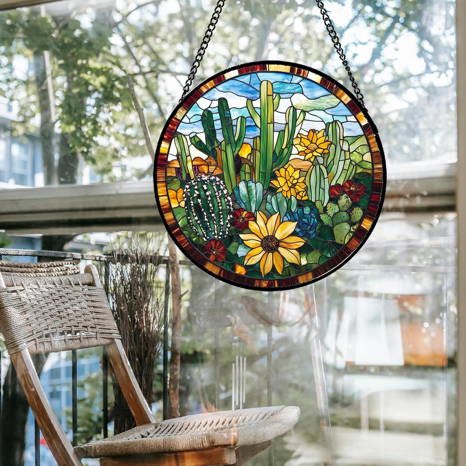 Stained Glass Window Hanging Green Cactus with Yellow Flowers 6.3" - Suncatcher Door Garden Sun Catcher Home Decor Birthday Christmas for Mom Men Woman Friend Nana