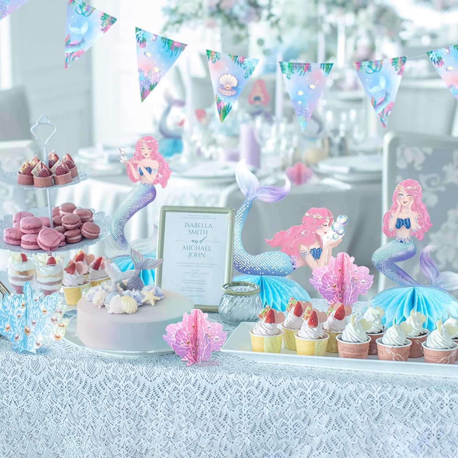 Decor365 Pink Blue Mermaid Centerpiece Under The Sea Table Decorations Girls Birthday Decor Ocean Coral Little Mermaid Theme Bday Tea Party Supplies