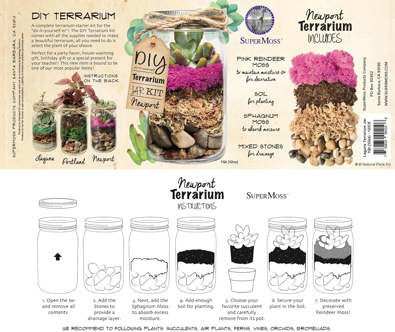 SuperMoss (90412) Terrarium Jar DIY Kit – Build Your Own Mini Garden in a Jar, Idea for Budding Gardeners, Creative Kids & Plant Lovers of All Ages, 32oz, Newport
