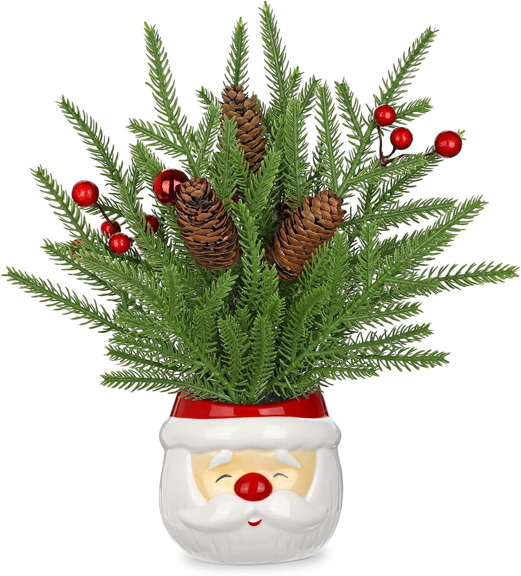 Hollyone Small Norfolk Pine Tree 10" Christmas Tree Tabletop Snowman Potted Plants with Vase Artificial Mini Xmas Tree Plant with Christmas Ball Ornaments Berries Pine Cones Slim Tree Party Home Decor