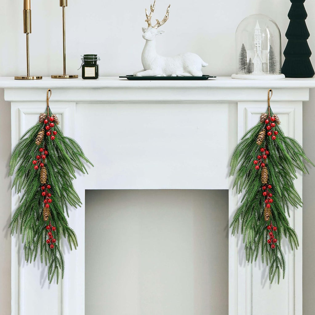 2 Pcs Artificial Christmas Teardrop Swag with Berries and Pinecones, Faux Berry Pine Branch Teardrop Door Swag, Real Touch Norfolk Wreath Greenery Staircase Swags for Xmas Door Mantle Fireplace Decor