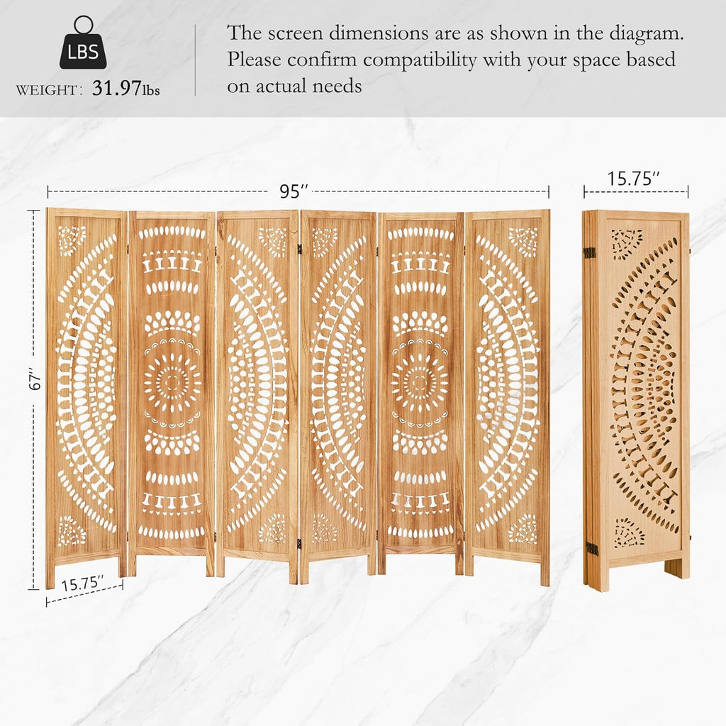 6 Panel Wood Room Divider Fully Assembled, Decorative Room Dividers and Folding Screens, 5.6Ft Room Divider Screen Freestanding Partition Wall Dividers for Home Bedroom Office, Light Brown