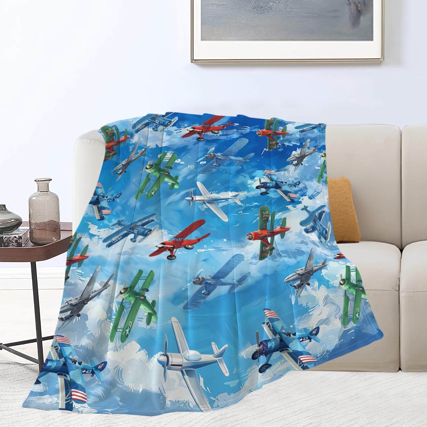 Airplane Blanket Cute Aircraft Plane Throw Blanket Gifts for Girls Women Kids Boys Adults Men Super Soft Cozy Plush Fluffy Fuzzy Fleece Blanket Home Decor 50''X60''