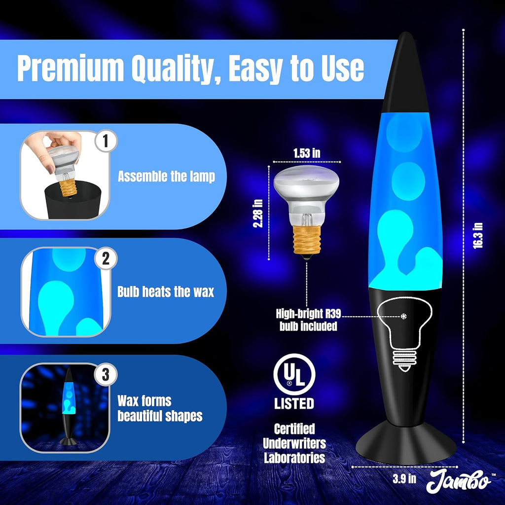 JAMBO 16" Beautiful Lamp- Blue with White/Blue Wax, Relaxing Liquid Lamp for Living Room Office Bedroom Adults Teens Kids, Magma Light, Night Light Nightlight, Home Decor