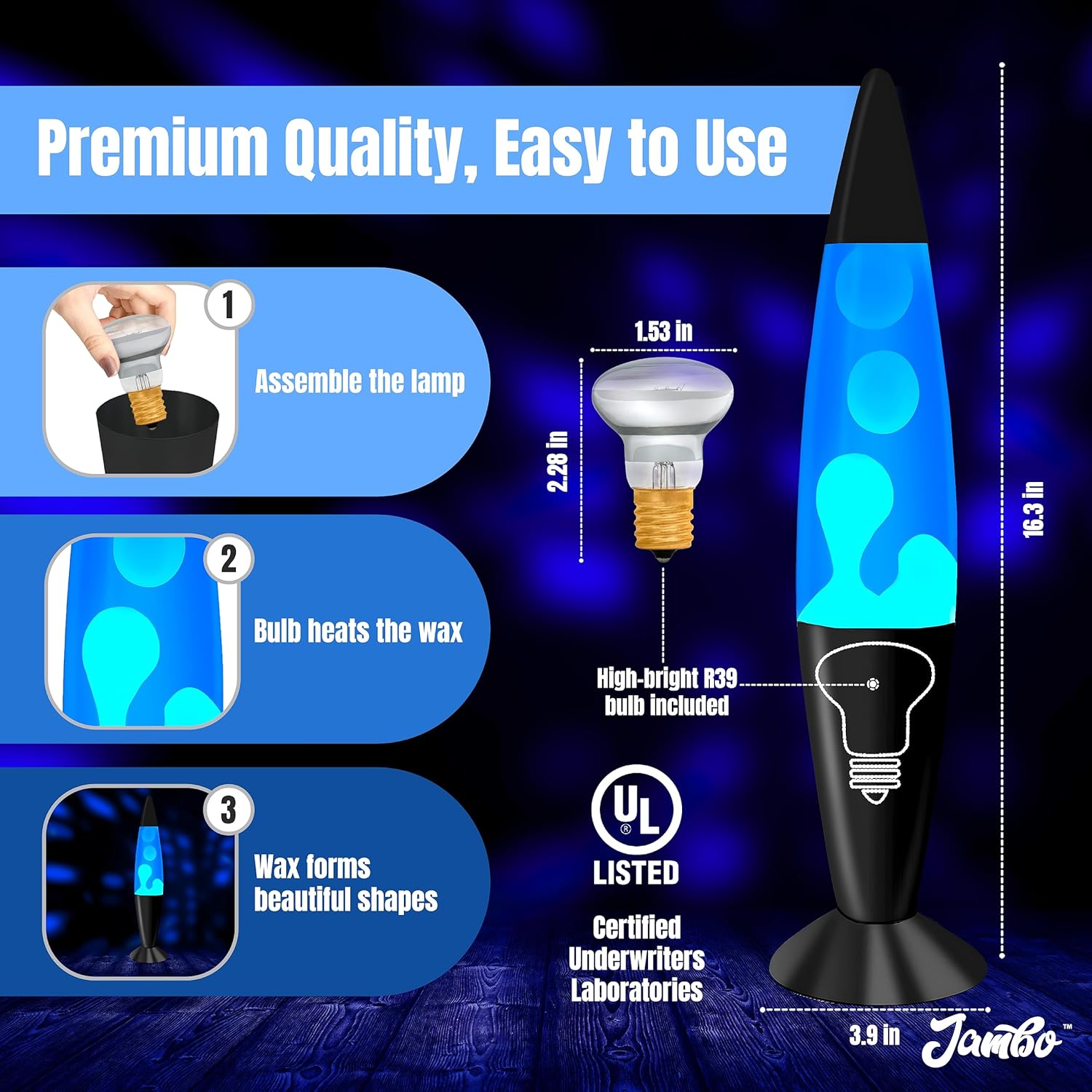 JAMBO 16" Beautiful Lamp- Blue with White/Blue Wax, Relaxing Liquid Lamp for Living Room Office Bedroom Adults Teens Kids, Magma Light, Night Light Nightlight, Home Decor