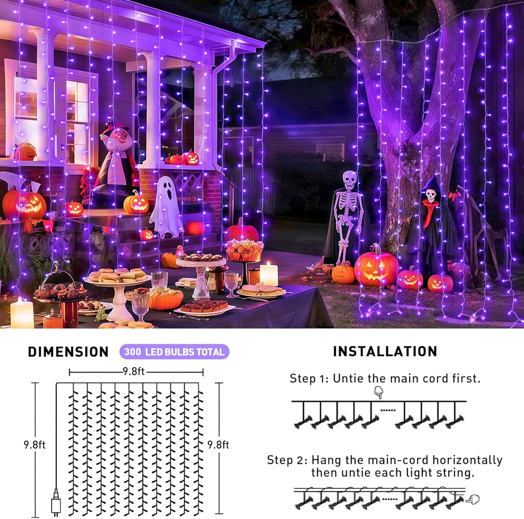 JMEXSUSS 300LED Purple Christmas Lights with Remote, Curtain Hanging Light Plug in, 8 Modes Purple String Lights for Bedroom Window Wall Party Backdrop Halloween Christmas Decorations