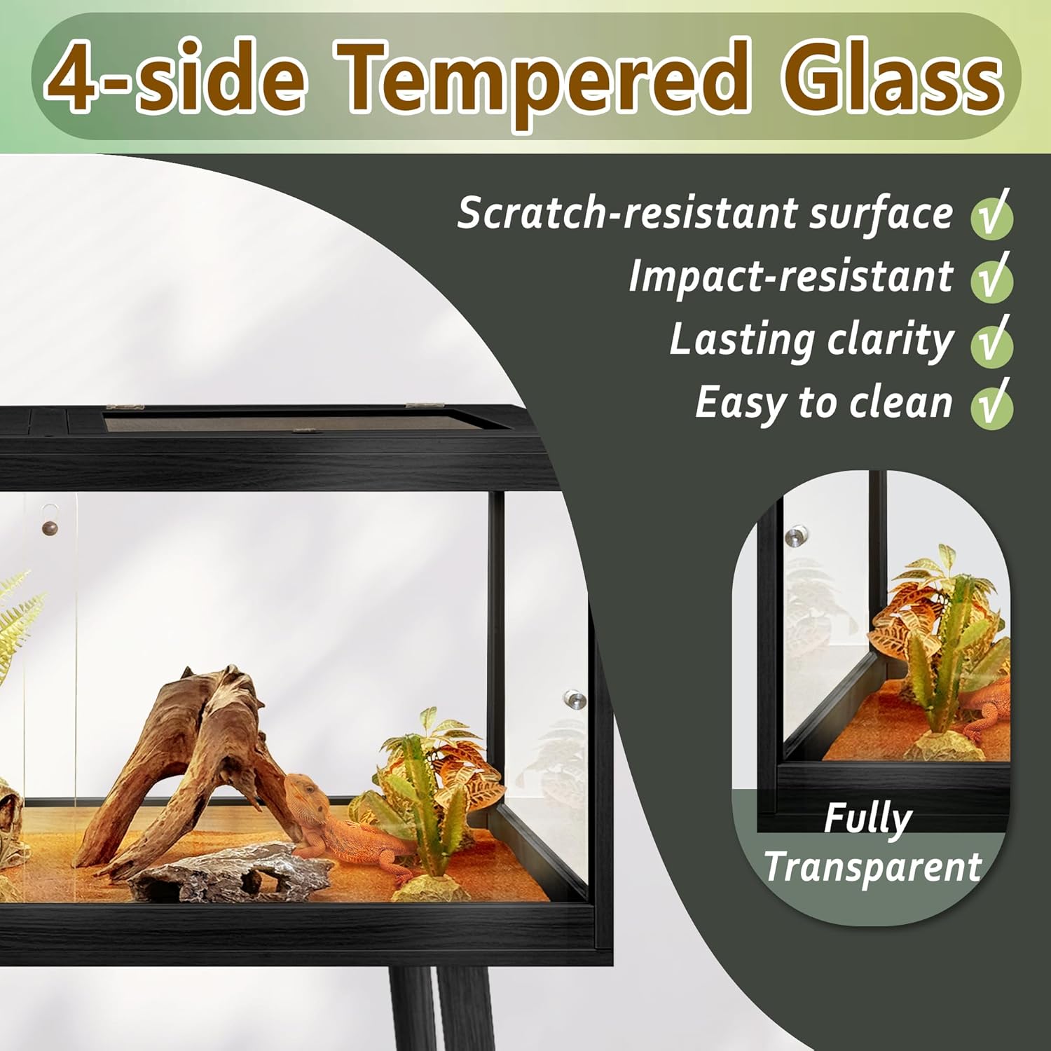 Prolee Tempered Glass Reptile Enclosure with Leg,32“ Scratch-Proof Bearded Dragon Tank,32 Gallon Lizard Tank with Metal Mesh Tops and Lockable Door,Spacious Reptile Habitat for Snake,Tortoises (Black)