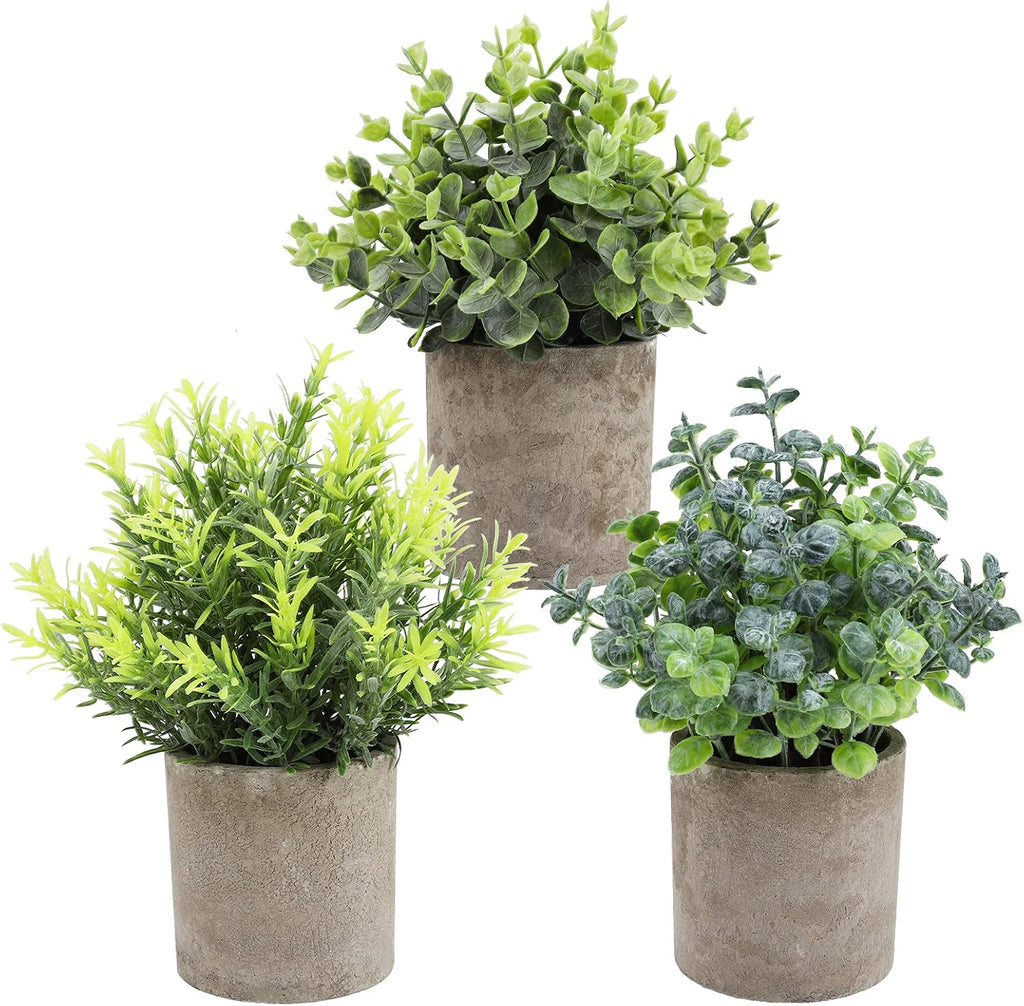 THE BLOOM TIMES Set of 3 Small Potted Artificial Plants Plastic Fake Greenery Faux Plants in Pots for Rustic Home Office Desk Farmhouse Bathroom Kitchen Indoor Decor