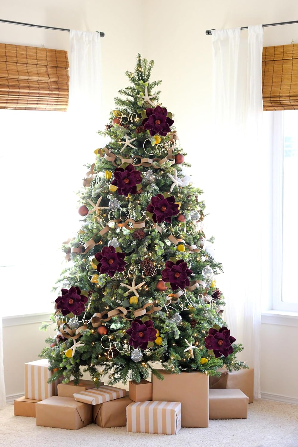 Briful Set of 3 Artificial Christmas Magnolias Flowers – 30’’ Long Stem Faux Magnolia Stems for Tree Ornaments, Holiday Centerpieces & Christmas Decor, Purple