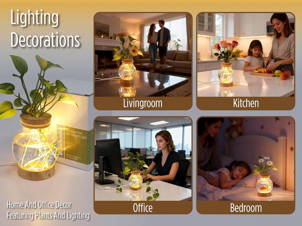 Plant Propagation Station with Lights, Glass Planter Station with Waterproof Lighted Wooden Base, Desktop Hydroponic Plants Terrarium with LED, Round Glass Planter with Light for Home & Office Decor