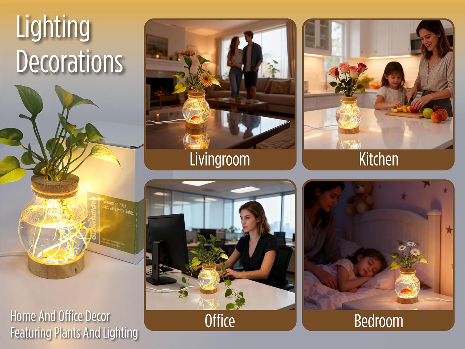 Plant Propagation Station with Lights, Glass Planter Station with Waterproof Lighted Wooden Base, Desktop Hydroponic Plants Terrarium with LED, Round Glass Planter with Light for Home & Office Decor