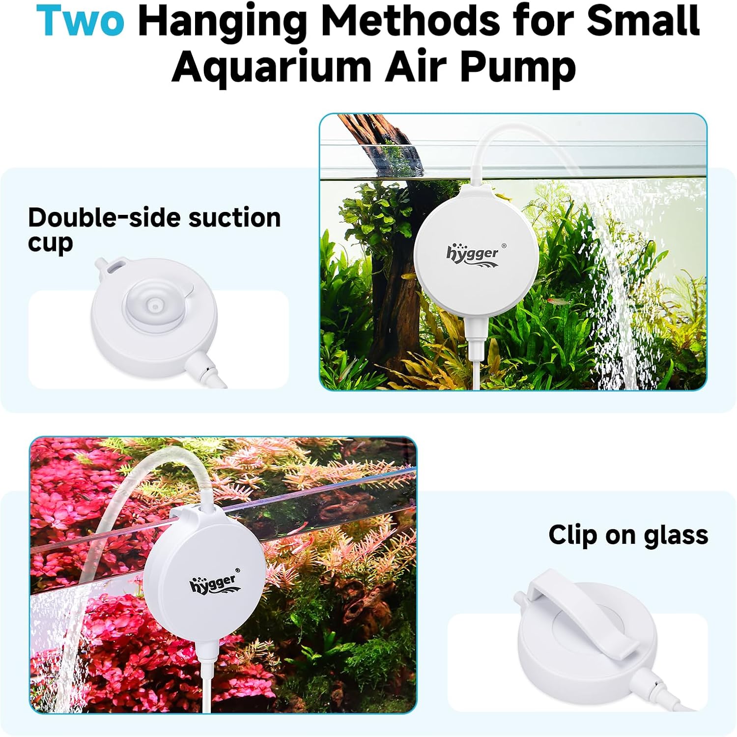 hygger 1.5 Watt Mini Aquarium Air Pump, Quiet Aerator with Air Stone Tubing Suction Cup Clip, Small Fish Tank Bubbler Oxygen Pump for 1 to 15 Gallon Betta Tank, Fish Bowl, Desk Small Tank
