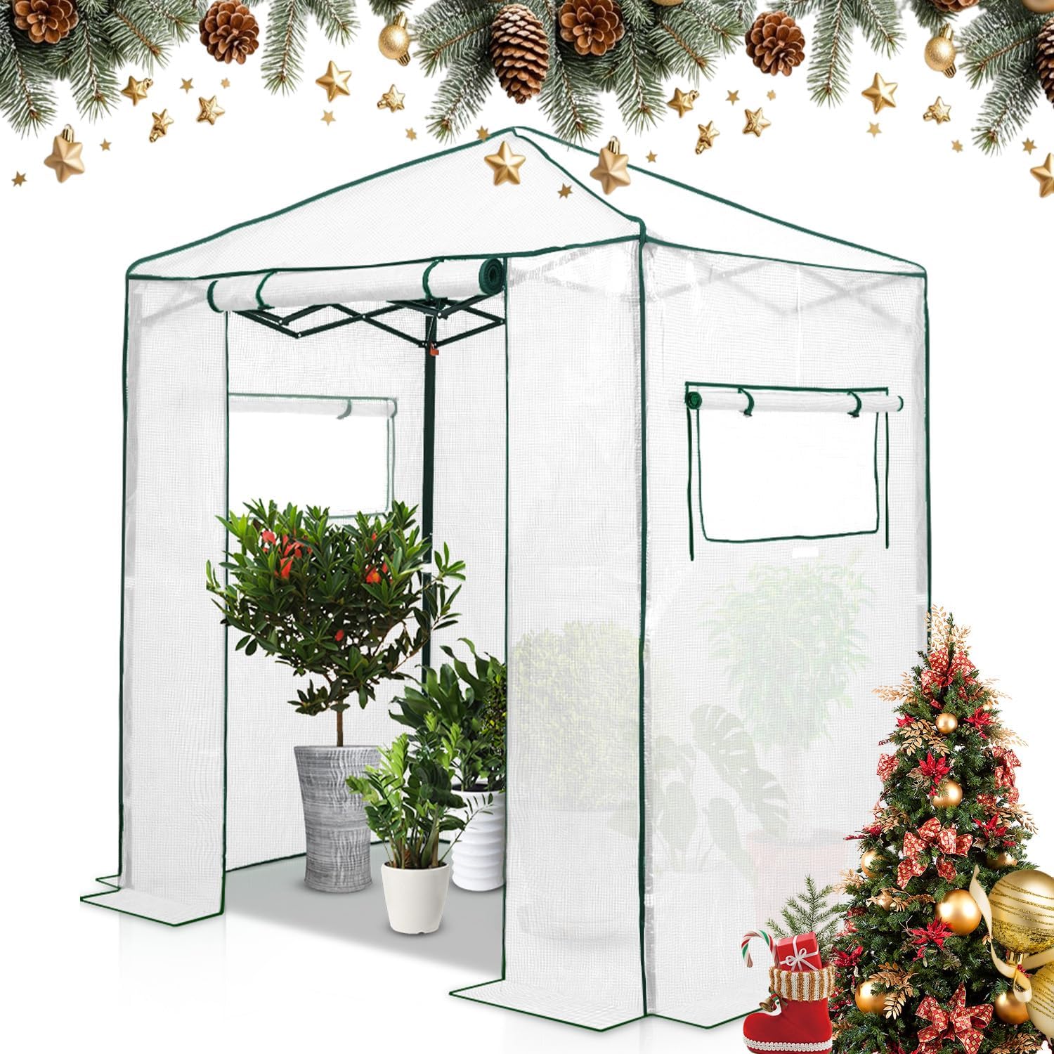 EAGLE PEAK Instant Pop-up Greenhouse, Indoor Outdoor Plant Gardening Green House, Roll-Up Zipper Doors and Side Windows, Walk in 6x4 ft, PE Cover, White/Clear