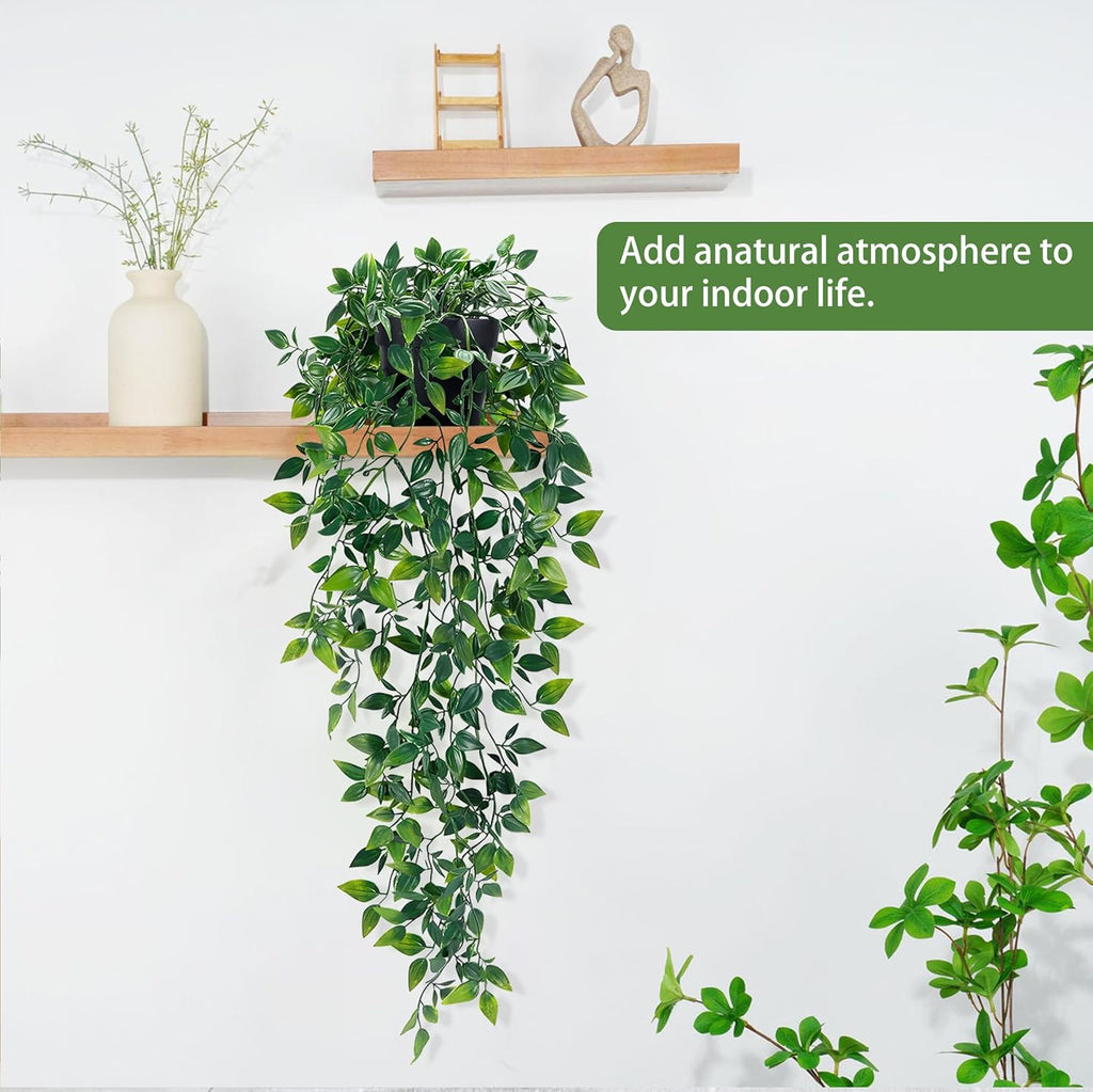 Waipfaru 2Pcs Fake Hanging Plants with Pot Deep Green Eucalyptus Leaves UV Resistant Fake Vines Ivy Artificial Plants Outdoor Faux Plants Indoor Bedroom Living Room Boho Wall Porch Shelf Decor
