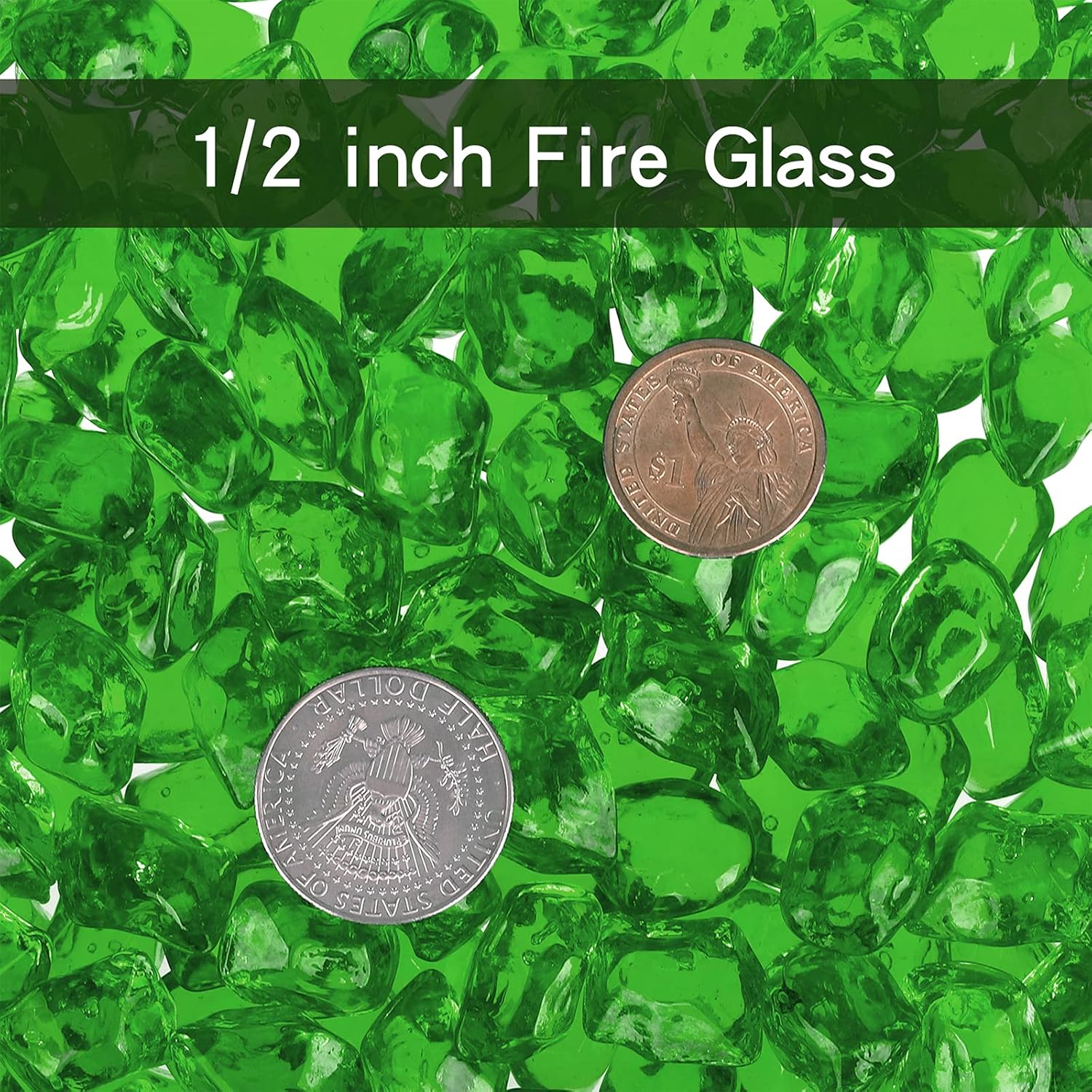Onlyfire 1/2-Inch Polygon Fire Glass, 10 Pound Pack Glass Rock for Fireplace Fire Pit & Lanscaping, High Luster Green