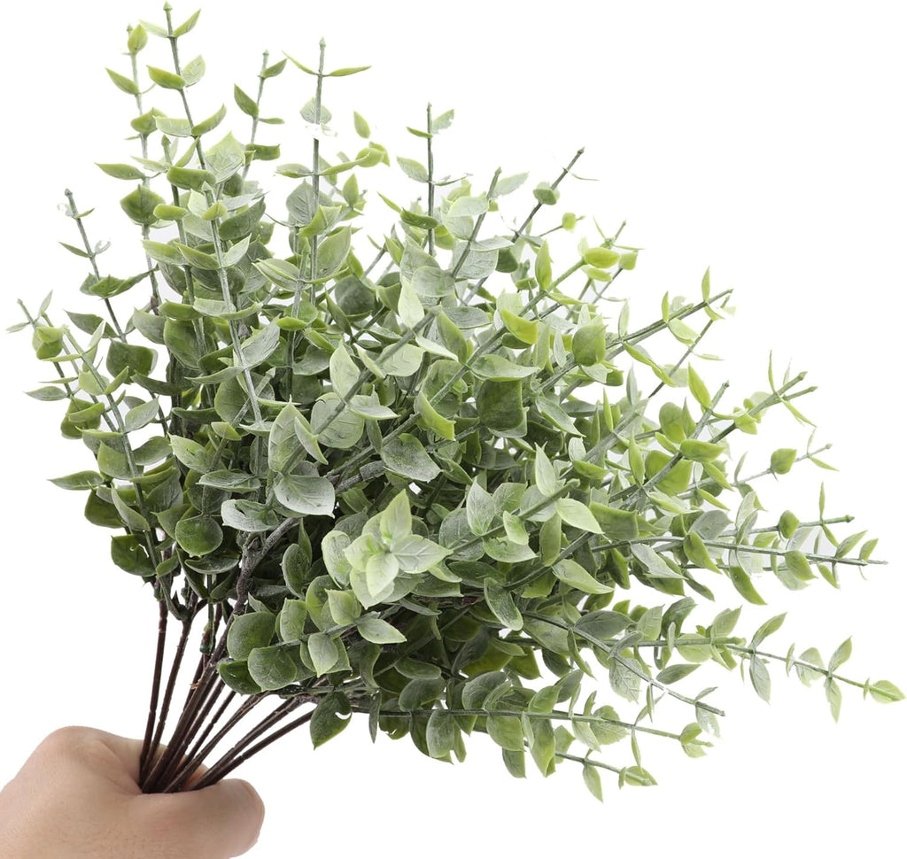 Artificial Eucalyptus Stem, Green Leaves, 12 Pack Green Faux Plant Branch, 12 inch Single Spray Fake Plants for Garden Office Patio Wedding Farmhouse Indoor Decoration